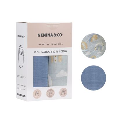 Pack 2 Mussola Blu +Nuvole Arcobaleno 70% Bambù +30% Cotone Nenina & Co