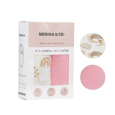 Pack 2 Pink Muslin + Hedgehog 70% Bamboo +30% Cotton Nenina & Co