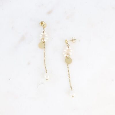 Dangling earrings - freshwater pearl ring and dangling chain