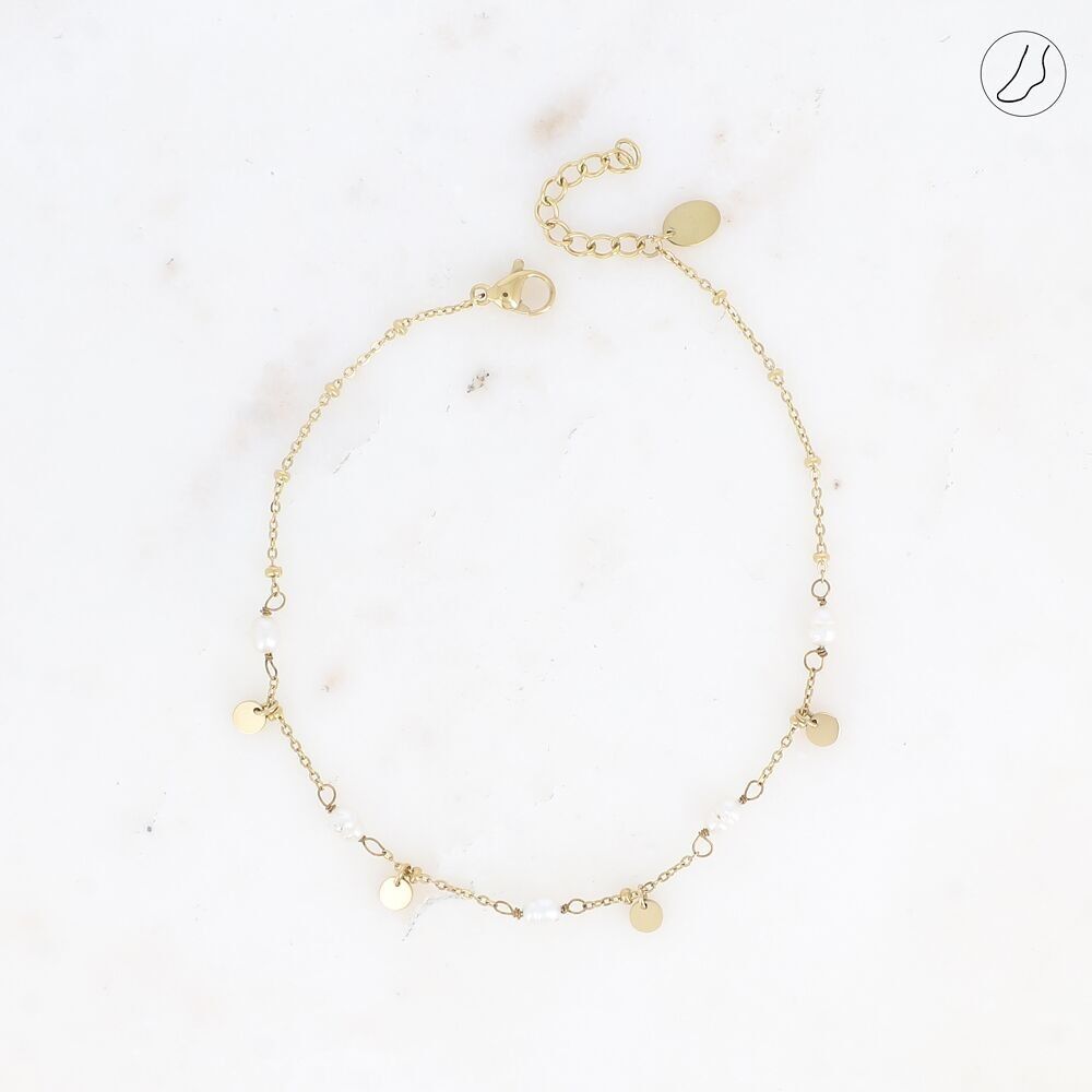 Clarissa anklet - in stainless steel with freshwater pearls and round tassels