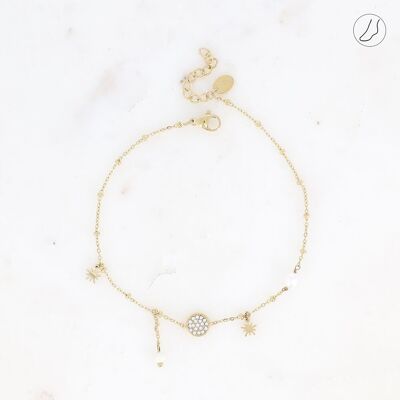 Anklet - round tassel with zirconium oxides, star and freshwater pearls