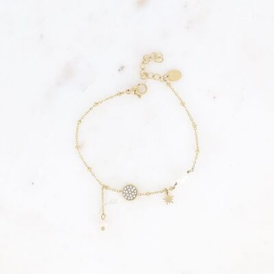 Pulsera - borla redonda con óxidos de circonio, estrella y perlas de agua dulce