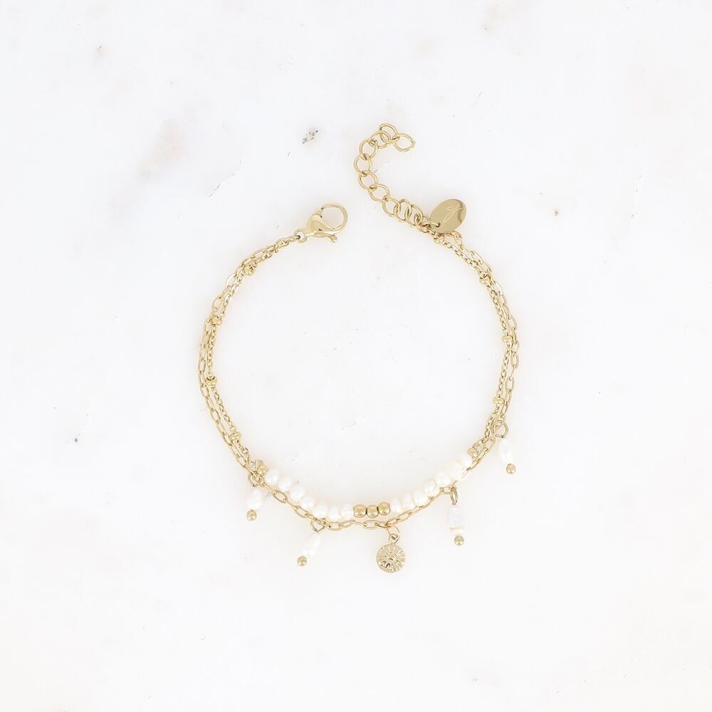 Bracelet - 2 rangs en acier inoxydable avec pampille soleil et perles d'eau douce