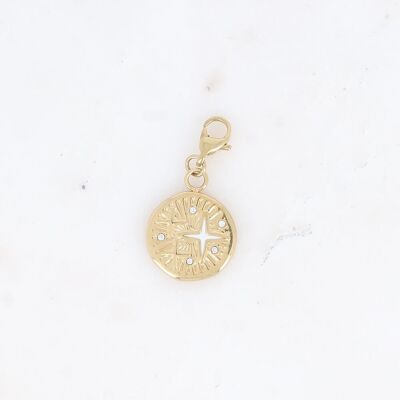 Charm - round pendant with enameled engraved star and zirconium oxides