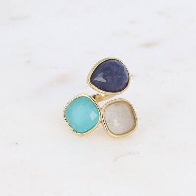 Open ring - 3 natural stones, drop and square 10mm
