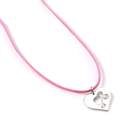 Collar Barbie de plata de ley con forma de corazón y cordón rosa