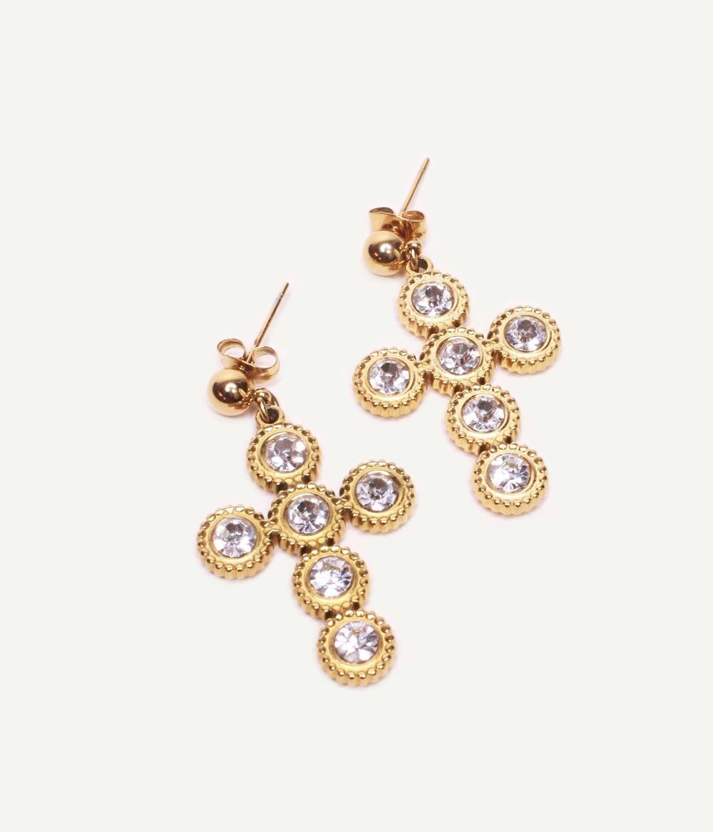 Orecchini croce pendenti in oro con strass Donatella | Gioielli fatti a mano in Francia