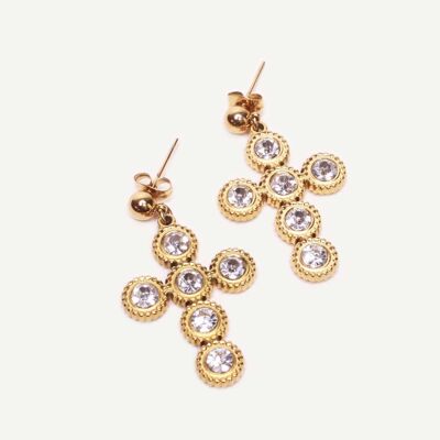 Gold dangling cross earrings with rhinestones Donatella | Handmade jewelry in France