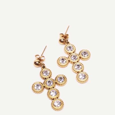 Gold dangling cross earrings with rhinestones Donatella | Handmade jewelry in France