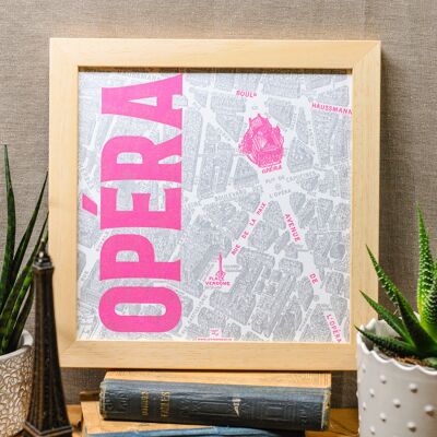 Affiche Letterpress Opéra, plan Paris rose fluo argent vintage carré