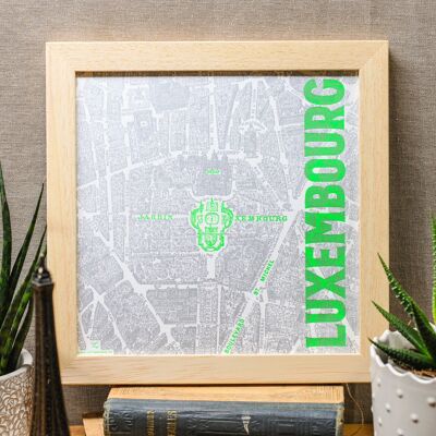 Letterpress Jardin du Luxembourg poster, Paris map neon green silver vintage square