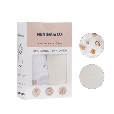 Pack 2 Mousseline Blanc + Halo 70% Bambou +30% Coton Nenina & Co