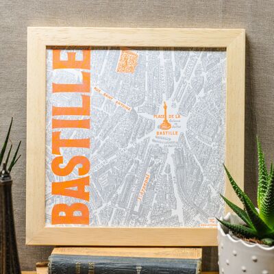 Cartel de Letterpress Bastille, mapa de París verde naranja plata vintage cuadrado