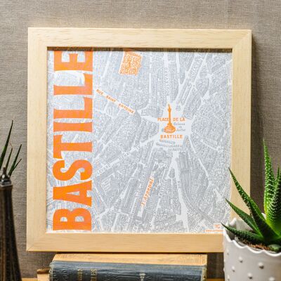 Letterpress Bastille poster, Paris map green orange silver vintage square