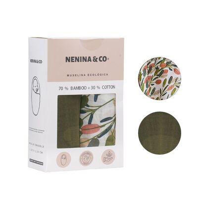 Pack 2 Mousseline Nature + Olive 70% Bambou +30% Coton Nenina & Co