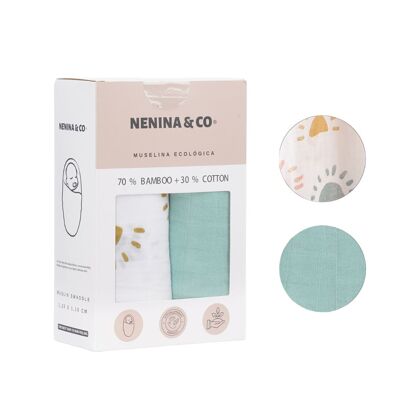 Pack 2 Mussole Sunny + Turchese 70% Bambù +30% Cotone Nenina & Co