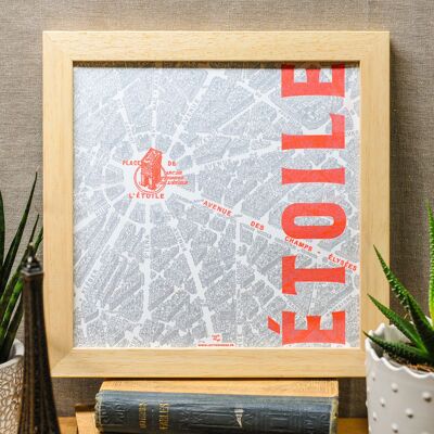 Letterpress poster Place de l'Etoile (Arc de Triomphe), Paris map neon red silver vintage square