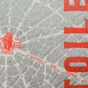 Affiche Letterpress Place de l'Étoile (Arc de Triomphe), plan Paris rouge fluo argent vintage carré 3