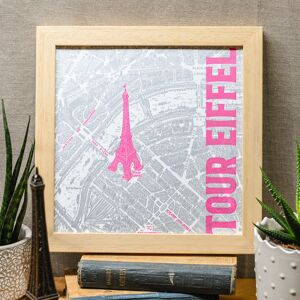 Affiche Letterpress Tour Eiffel, plan Paris rose fluo argent vintage carré