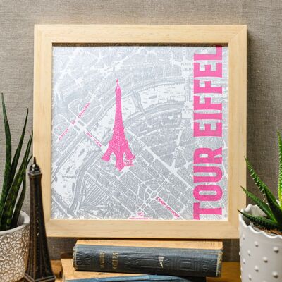 Affiche Letterpress Tour Eiffel, plan Paris rose fluo argent vintage carré