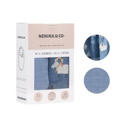 Packung 2 Musselin Blau + Ziege 70 % Bambus + 30 % Baumwolle Nenina & Co