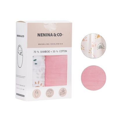 Pack 2 Muslins Sunny + Pink 70% Bamboo +30% Cotton Nenina & Co