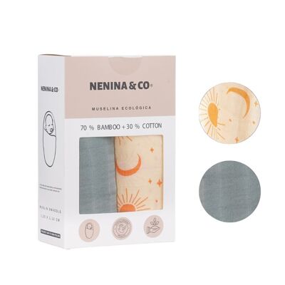 Pack 2 Mousseline Gris + Soleil et Lune 70% Bambou +30% Coton Nenina & Co