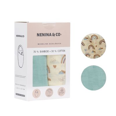 Confezione da 2 Mussole Menta +Happy Rainbow 70% Bambù +30% Cotone Nenina & Co