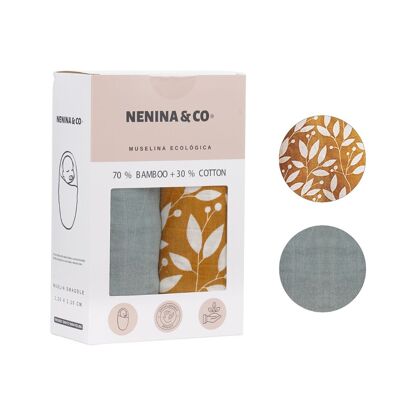 Pack 2 Muslin Gray + Organic 70% Bamboo +30% Cotton Nenina & Co