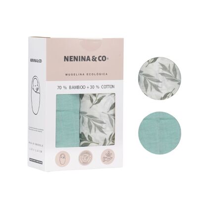Pack 2 Turquoise Muslin + Leaves 70% Bamboo +30% Cotton Nenina & Co