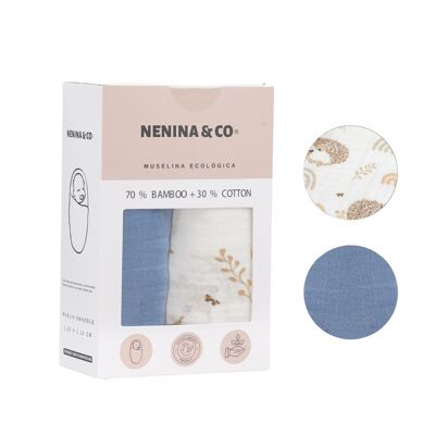 Packung 2 Musselin Blau + Igel 70 % Bambus + 30 % Baumwolle Nenina & Co