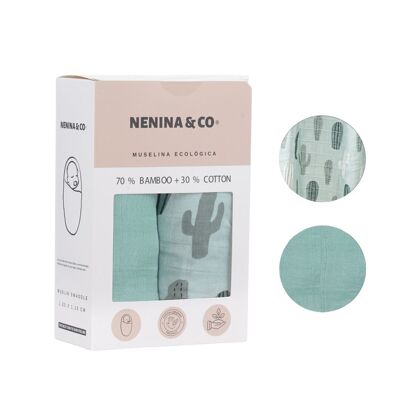 Pack 2 Mousseline Menthe + Arizona 70% Bambou +30% Coton Nenina & Co