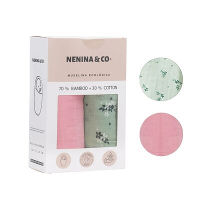 Pack of 2 Muslins Pink + Flower 70% Bamboo +30% Cotton Nenina & Co