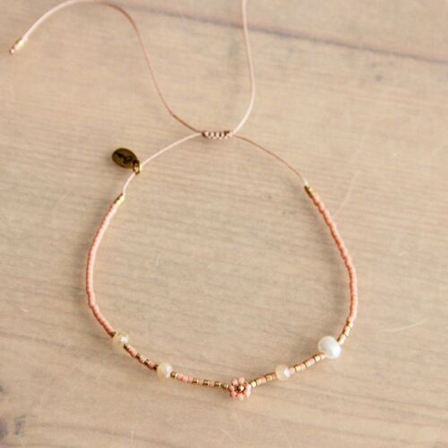 Miyuki anklet with daisy flower, facet and pearl – pink/gold