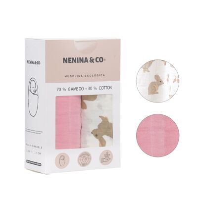 Pack 2 Mussole Rosa + Lepre 70% Bambù +30% Cotone Nenina & Co