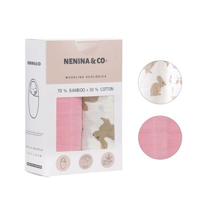 Packung mit 2 Musselintüchern Pink + Hase 70 % Bambus + 30 % Baumwolle Nenina & Co