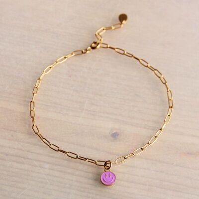 Stainless steel d-chain anklet with smiley - pink/gold