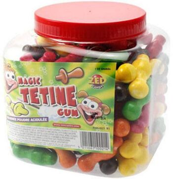 ZED Candy -Magic Tetine 1 - Chewing-gum - Boîte de 120 pièces - Tétine fourrée à la poudre acidulée avec un chewing-gum à l'intérieur. 5 Parfums assortis - Réf Brabo : 4305