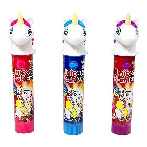 Funny Candy - Unicorn Flash Pop - Présentoir de 12  Sucettes avec tête de licorne lumineuse - 3 Goûts : Fraise, Framboise, Cerise - 12x11 g (132g) - Réf Brabo : 6185