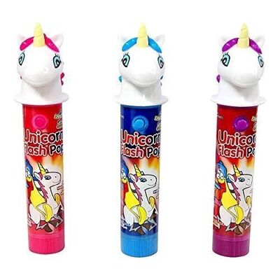 Funny Candy - Unicorn Flash Pop - Présentoir de 12  Sucettes avec tête de licorne lumineuse - 3 Goûts : Fraise, Framboise, Cerise - 12x11 g (132g) - Réf Brabo : 6185