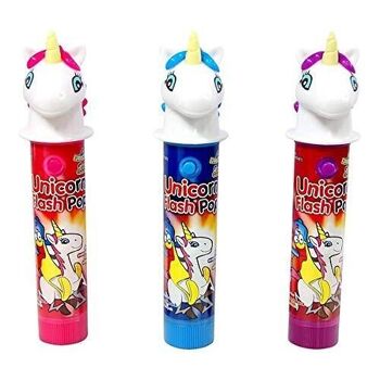 Funny Candy - Unicorn Flash Pop - Présentoir de 12  Sucettes avec tête de licorne lumineuse - 3 Goûts : Fraise, Framboise, Cerise - 12x11 g (132g) - Réf Brabo : 6185 1