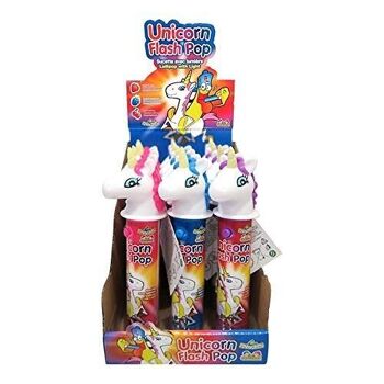 Funny Candy - Unicorn Flash Pop - Présentoir de 12  Sucettes avec tête de licorne lumineuse - 3 Goûts : Fraise, Framboise, Cerise - 12x11 g (132g) - Réf Brabo : 6185 2