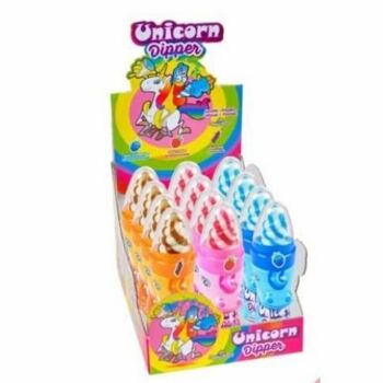 Funny Candy - Unicorn Dipper - Présentoir de 12 sucettes torsadées avec poudre acidulée - Contenant en forme de licorne - 3 goûts : Cola, Fraise, Framboise - 50 gx 12 (600g) - Réf Brabo : 6186