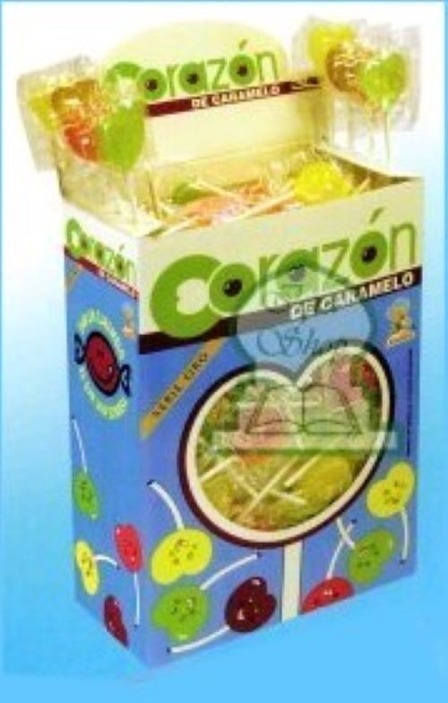 Sucettes CORAZON Fruits - Sucettes en forme de coeur - goût Cola, Fraise, Citron, Pomme verte  - Boîte de 200 pièces - 1,040 Kg  - réf Brabo : 4974