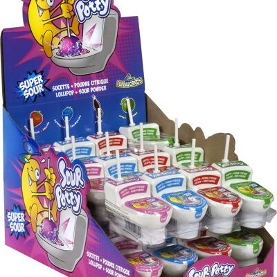 FUNNY CANDY - SOUR POTTY - Lollipop + Sour Powder - 4 Flavors: Strawberry, Raspberry, Apple, Cola - Display of 24 pieces - 456 g - Brabo ref: 5395