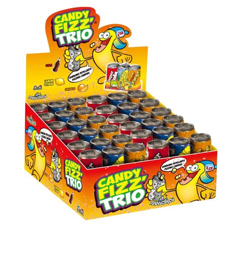 Funny Candy - Candy Frizz Trio - Présentoir : 24 packs de 3 Mini canettes remplies de Bonbons pétillants - 3 goûts : Cola, Orange, Citron - 21 g x24 (504g) - réf Brabo : 5757