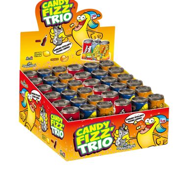 Funny Candy - Candy Frizz Trio - Présentoir : 24 packs de 3 Mini canettes remplies de Bonbons pétillants - 3 goûts : Cola, Orange, Citron - 21 g x24 (504g) - réf Brabo : 5757