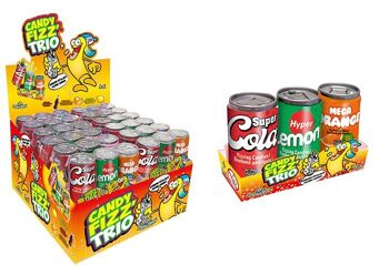 Funny Candy - Candy Frizz Trio - Présentoir : 24 packs de 3 Mini canettes remplies de Bonbons pétillants - 3 goûts : Cola, Orange, Citron - 21 g x24 (504g) - réf Brabo : 5757 2