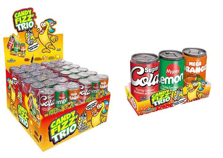 Funny Candy - Candy Frizz Trio - Espositore: 24 confezioni da 3 Mini lattine piene di caramelle frizzanti - 3 gusti: Cola, Arancia, Limone - 21 g x24 (504g) - Brabo ref: 5757