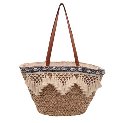 Sac panier "Santorini" Boho // avec poignée en simili cuir // Boho Ibiza sac de plage grand avec fermeture éclair // Ibiza Majorque Maroc Style - Vacances à la plage femmes nature